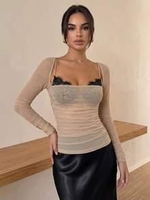 Firerie Women's Sexy Lace Patchwork Long Sleeve Elegant 2 In 1 T-Shirt Going Out Tops - Apricot - View 5