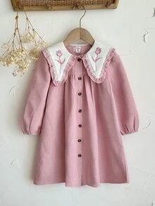 SHEIN Vintaside Kids Toddler Girl Corduroy Dress Cute Sweet Pink Flower Embroidered Lace Collar Button Front Long Sleeve Regular Holiday Party Fall Cozy Princess A Line - Pink - View 6
