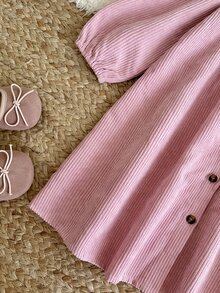 SHEIN Vintaside Kids Toddler Girl Corduroy Dress Cute Sweet Pink Flower Embroidered Lace Collar Button Front Long Sleeve Regular Holiday Party Fall Cozy Princess A Line - Pink - View 11