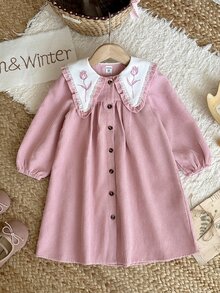 SHEIN Vintaside Kids Toddler Girl Corduroy Dress Cute Sweet Pink Flower Embroidered Lace Collar Button Front Long Sleeve Regular Holiday Party Fall Cozy Princess A Line - Pink - View 9
