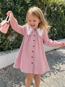 SHEIN Vintaside Kids Toddler Girl Corduroy Dress Cute Sweet Pink Flower Embroidered Lace Collar Button Front Long Sleeve Regular Holiday Party Fall Cozy Princess A Line - Pink - View 1