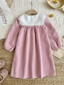 SHEIN Vintaside Kids Toddler Girl Corduroy Dress Cute Sweet Pink Flower Embroidered Lace Collar Button Front Long Sleeve Regular Holiday Party Fall Cozy Princess A Line - Pink - View 2