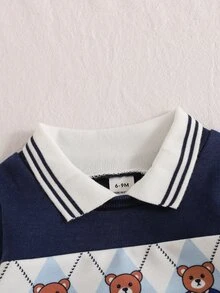 SHEIN 2件組幼童男孩 Polo 衛衣長褲套裝，可愛學院風海軍藍菱格熊圖案，長袖 Polo 領加厚款，適合秋季、學校、聖誕 Navidad 日常穿著 - 藏藍色 - 查看 7