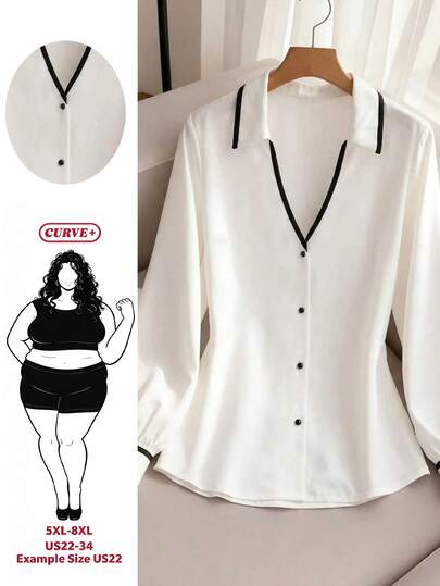 SHEIN CURVE+ Bluză elegantă casual pentru femei mărimi mari, cu blocuri de culoare și decolteu în V, potrivită pentru navetă, ieșiri și purtare acasă, toamnă