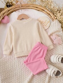 SHEIN 新生兒嬰兒白色圓領長袖上衣與粉色鬆緊腰長褲2件套 - 粉色 - 查看 3