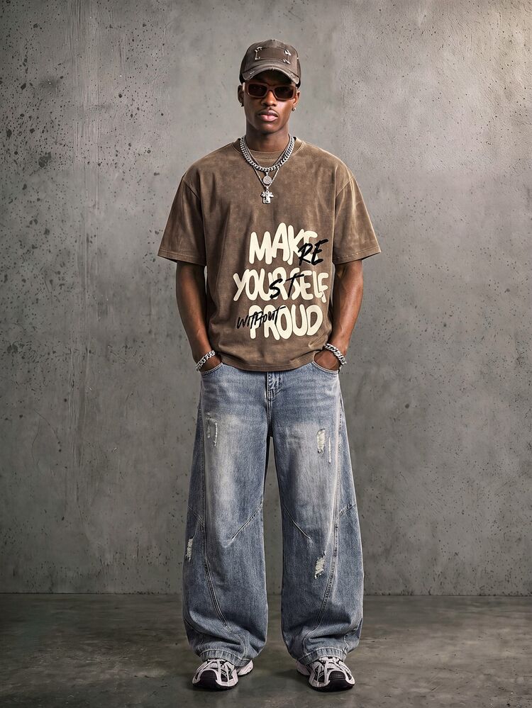 Manfinity EMRG Men's Summer Brown And Cream Vintage Acid Washed Oversized T-Shirt,Slogan Letter Print Streetwear City Break Y2K Casual Crew Neck Short Sleeve Tee - Coffee Brown - View 1