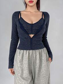 DAZY Zip Up Crop Cami Top Open Front Jacket Lounge Sets For Women Night Out Navy Blue Autumn Streetwear Y2k Casual - Blue - View 4