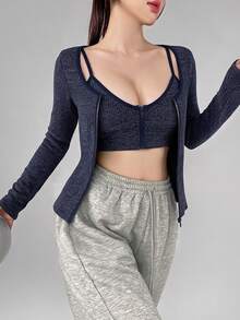 DAZY Zip Up Crop Cami Top Open Front Jacket Lounge Sets For Women Night Out Navy Blue Autumn Streetwear Y2k Casual - Blue - View 3