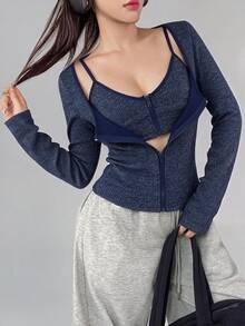 DAZY Zip Up Crop Cami Top Open Front Jacket Lounge Sets For Women Night Out Navy Blue Autumn Streetwear Y2k Casual - Blue - View 6