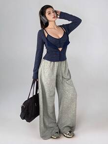 DAZY Zip Up Crop Cami Top Open Front Jacket Lounge Sets For Women Night Out Navy Blue Autumn Streetwear Y2k Casual - Blue - View 5