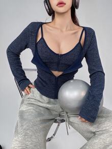 DAZY Zip Up Crop Cami Top Open Front Jacket Lounge Sets For Women Night Out Navy Blue Autumn Streetwear Y2k Casual - Blue - View 7