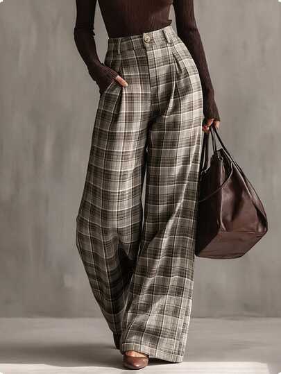 SHEIN Pantalones de traje a cuadros casuales para mujer con bolsillos, diseño plisado, ajuste de pierna recta holgada. Uso diario casual de otoño para oficina, streetwear, vacaciones