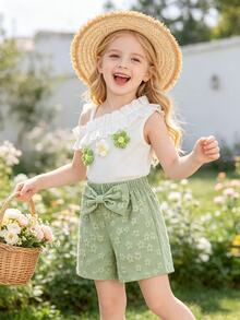 SHEIN Elladie kids 2件組幼女背心短褲套裝，可愛甜美薄荷白 3D 花朵蝴蝶結荷葉邊單肩不對稱修身款，度假夏季假期生日女孩穿著 - 薄荷綠 - 查看 11