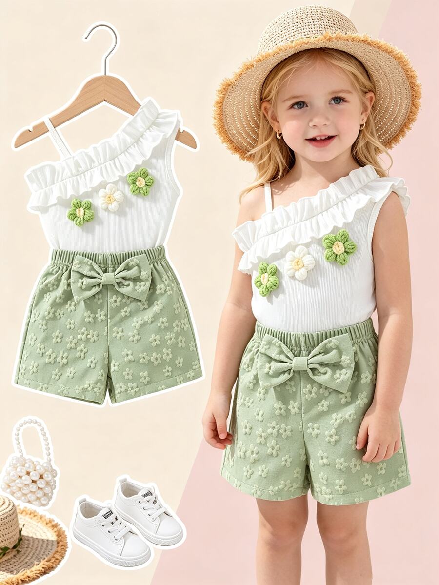 SHEIN Elladie kids 2件組幼女背心短褲套裝,可愛甜美薄荷白 3D 花朵蝴蝶結荷葉邊單肩不對稱修身款,度假夏季假期生日女孩穿著 - 薄荷綠 - 查看 1