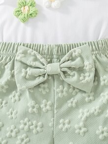 SHEIN Elladie kids 2件組幼女背心短褲套裝，可愛甜美薄荷白 3D 花朵蝴蝶結荷葉邊單肩不對稱修身款，度假夏季假期生日女孩穿著 - 薄荷綠 - 查看 4