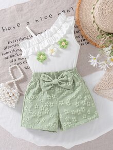 SHEIN Elladie kids 2件組幼女背心短褲套裝，可愛甜美薄荷白 3D 花朵蝴蝶結荷葉邊單肩不對稱修身款，度假夏季假期生日女孩穿著 - 薄荷綠 - 查看 3