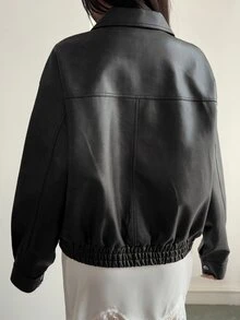 DAZY Women's Loose Casual Designed Brown Leather Jacket, Suitable For Spring, Summer, Autumn And Winter, Versatile Fit Cute Tops - Black - View 2