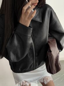 DAZY Women's Loose Casual Designed Brown Leather Jacket, Suitable For Spring, Summer, Autumn And Winter, Versatile Fit Cute Tops - Black - View 3