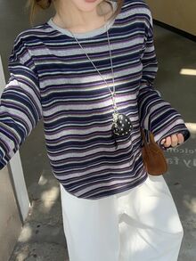 DAZY Autumn New Casual Commuting Striped Women T-Shirt Long Sleeve Top Cute Tops - Blue - View 5
