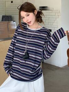 DAZY Autumn New Casual Commuting Striped Women T-Shirt Long Sleeve Top Cute Tops - Blue - View 3