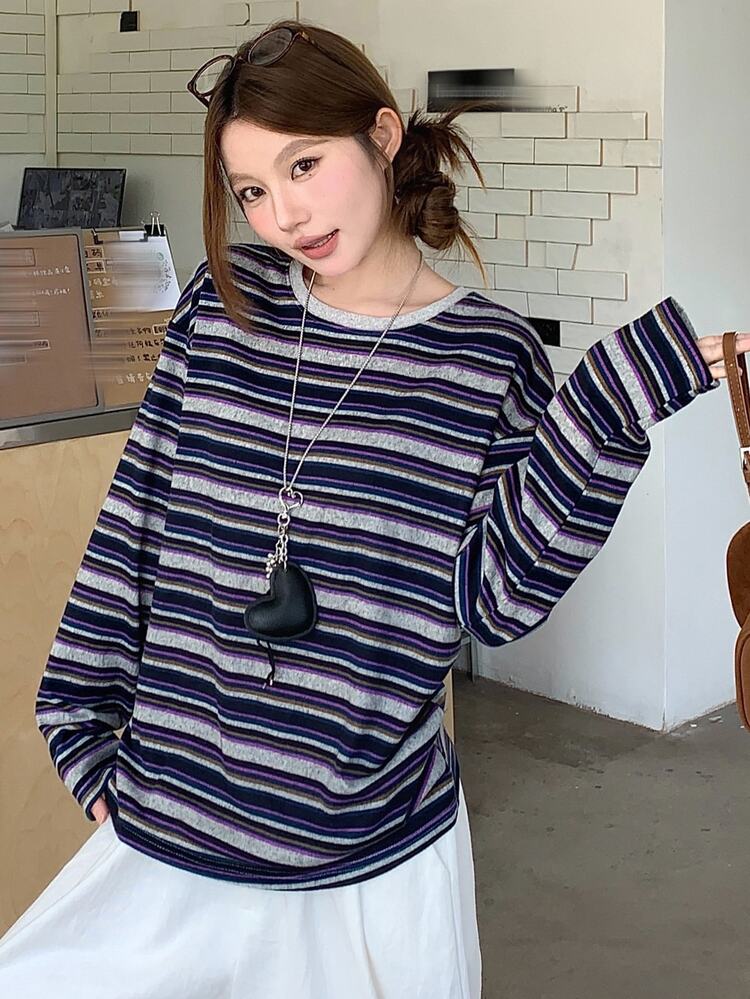 DAZY Autumn New Casual Commuting Striped Women T-Shirt Long Sleeve Top Cute Tops - Blue - View 3