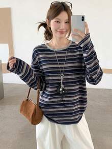 DAZY Autumn New Casual Commuting Striped Women T-Shirt Long Sleeve Top Cute Tops - Blue - View 8