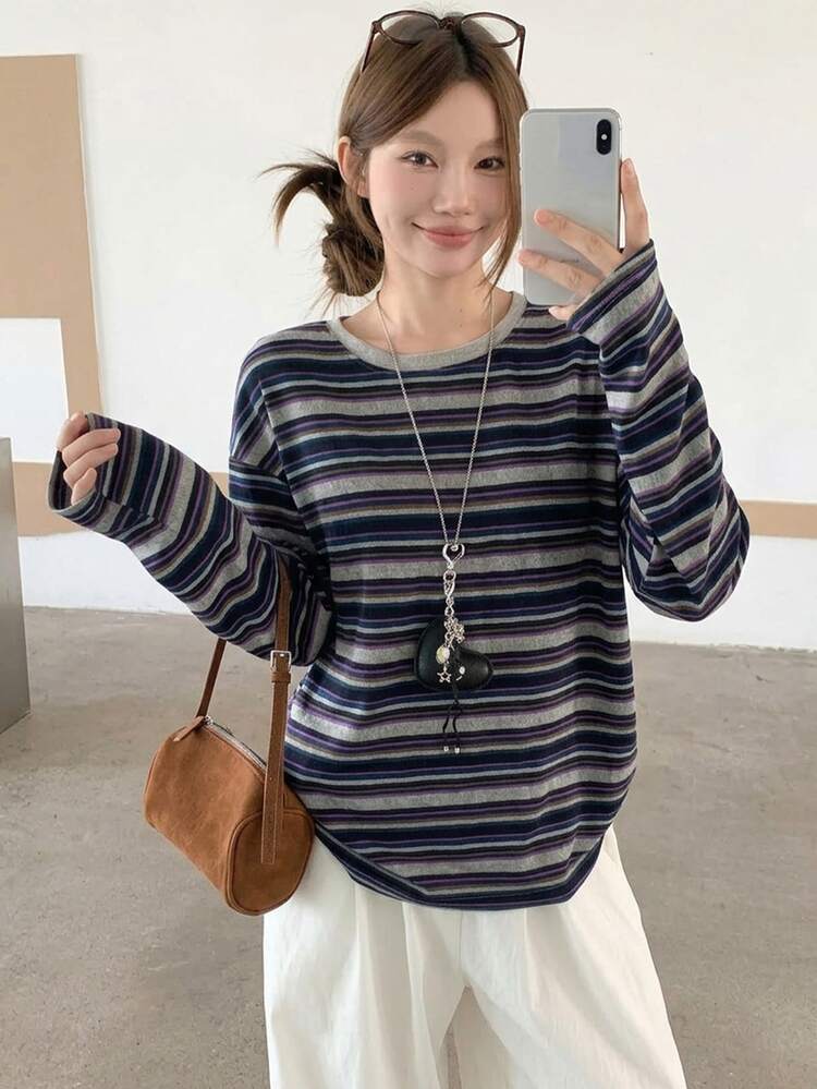 DAZY Autumn New Casual Commuting Striped Women T-Shirt Long Sleeve Top Cute Tops - Blue - View 8