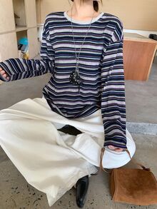 DAZY Autumn New Casual Commuting Striped Women T-Shirt Long Sleeve Top Cute Tops - Blue - View 7