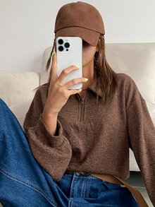 DAZY Polo Neck Drop Shoulder Sweatshirt,Long Sleeve Tops,Fall Clothes - Brown - View 4