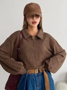DAZY Polo Neck Drop Shoulder Sweatshirt,Long Sleeve Tops,Fall Clothes - Brown - View 3