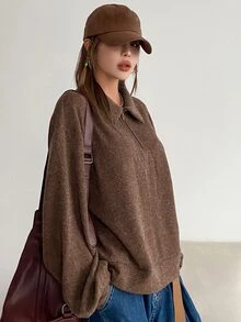 DAZY Polo Neck Drop Shoulder Sweatshirt,Long Sleeve Tops,Fall Clothes - Brown - View 6