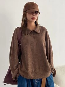 DAZY Polo Neck Drop Shoulder Sweatshirt,Long Sleeve Tops,Fall Clothes - Brown - View 5