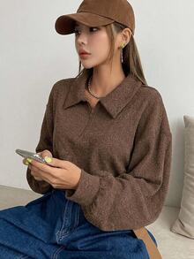 DAZY Polo Neck Drop Shoulder Sweatshirt,Long Sleeve Tops,Fall Clothes - Brown - View 8