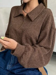 DAZY Polo Neck Drop Shoulder Sweatshirt,Long Sleeve Tops,Fall Clothes - Brown - View 1