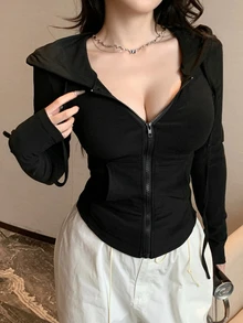 DAZY 情人节女士拉链连帽卫衣、修身T恤、长袖女式上衣 - 黑色 - 查看 6