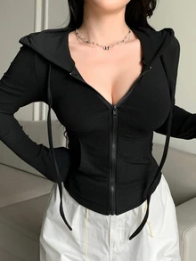 DAZY 情人节女士拉链连帽卫衣、修身T恤、长袖女式上衣 - 黑色 - 查看 7