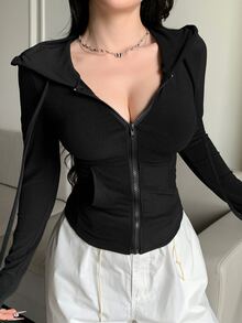 DAZY 情人节女士拉链连帽卫衣、修身T恤、长袖女式上衣 - 黑色 - 查看 2