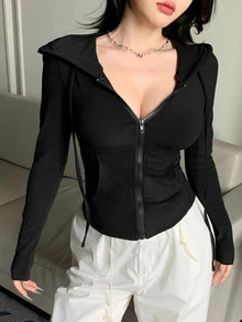 DAZY 情人节女士拉链连帽卫衣、修身T恤、长袖女式上衣 - 黑色 - 查看 5
