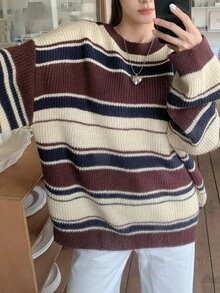 DAZY Women Autumn/Winter Striped Oversized Crew Neck Long Sleeve Casual Sweater,Long Sleeve Tops,Fall Women Clothes - Burgundy - View 9