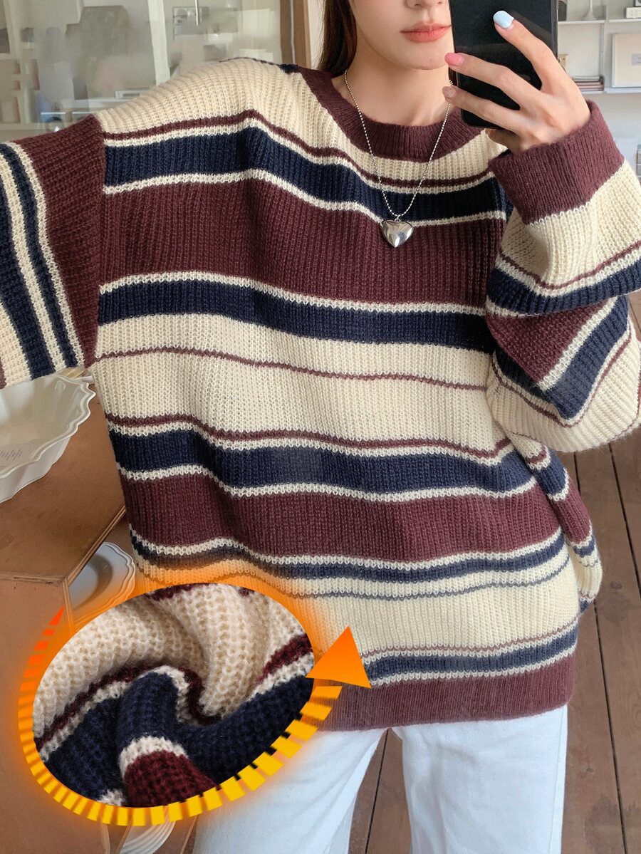 DAZY Women Autumn/Winter Striped Oversized Crew Neck Long Sleeve Casual Sweater,Long Sleeve Tops,Fall Women Clothes - Burgundy - View 1