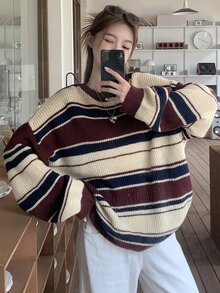 DAZY Women Autumn/Winter Striped Oversized Crew Neck Long Sleeve Casual Sweater,Long Sleeve Tops,Fall Women Clothes - Burgundy - View 5