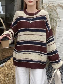 DAZY Women Autumn/Winter Striped Oversized Crew Neck Long Sleeve Casual Sweater,Long Sleeve Tops,Fall Women Clothes - Burgundy - View 6