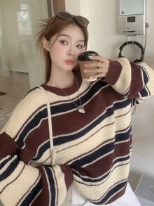 DAZY Women Autumn/Winter Striped Oversized Crew Neck Long Sleeve Casual Sweater,Long Sleeve Tops,Fall Women Clothes - Burgundy - View 7
