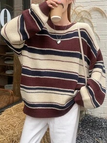 DAZY Women Autumn/Winter Striped Oversized Crew Neck Long Sleeve Casual Sweater,Long Sleeve Tops,Fall Women Clothes - Burgundy - View 3