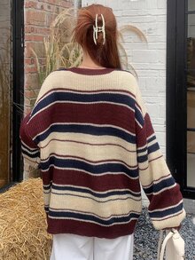 DAZY Women Autumn/Winter Striped Oversized Crew Neck Long Sleeve Casual Sweater,Long Sleeve Tops,Fall Women Clothes - Burgundy - View 2