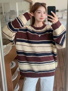 DAZY Women Autumn/Winter Striped Oversized Crew Neck Long Sleeve Casual Sweater,Long Sleeve Tops,Fall Women Clothes - Burgundy - View 8