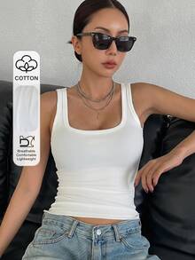 DAZY Tank Top Rajut Bergaris Pas Badan untuk Wanita, Kasual Musim Panas, untuk Perjalanan Sehari-hari, Minimalis, Serbaguna, Warna Polos, Cocok untuk Semua Gaya - Putih - View 6