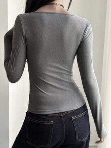 DAZY Women's V-Neck Long Sleeve Grey Tie-Front Cross-Wrap Fitted Ribbed Knit Waist-Cinched T-Shirt Cute Tops - Grey - View 2