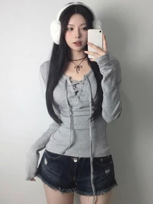 DAZY Women's V-Neck Long Sleeve Grey Tie-Front Cross-Wrap Fitted Ribbed Knit Waist-Cinched T-Shirt Cute Tops - Grey - View 5