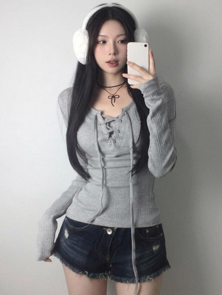 DAZY Women's V-Neck Long Sleeve Grey Tie-Front Cross-Wrap Fitted Ribbed Knit Waist-Cinched T-Shirt Cute Tops - Grey - View 5